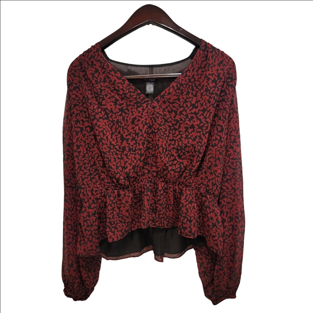 Express Sheer Long Sleeve Peplum Blouse Red and Black NWT